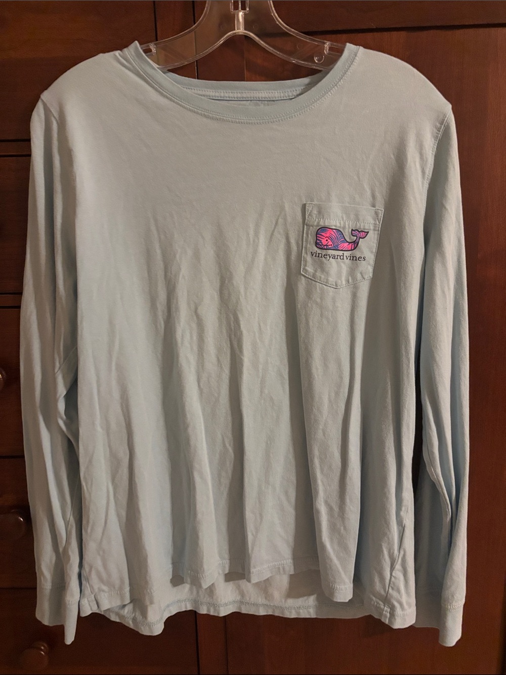 Vineyard Vines Light Blue Long-Sleeve Pocket Tee with Pink Whale